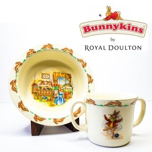 1936 Royal Doulton Bunnykins Beatrix Potter Bedtime Bowl Knitting Hug a Mug Set